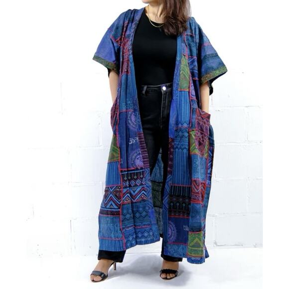 KARMA NEPAL CRAFTS Purple Patchwork Cotton Boho Maxi Kimono Duster - Picture 15 of 16
